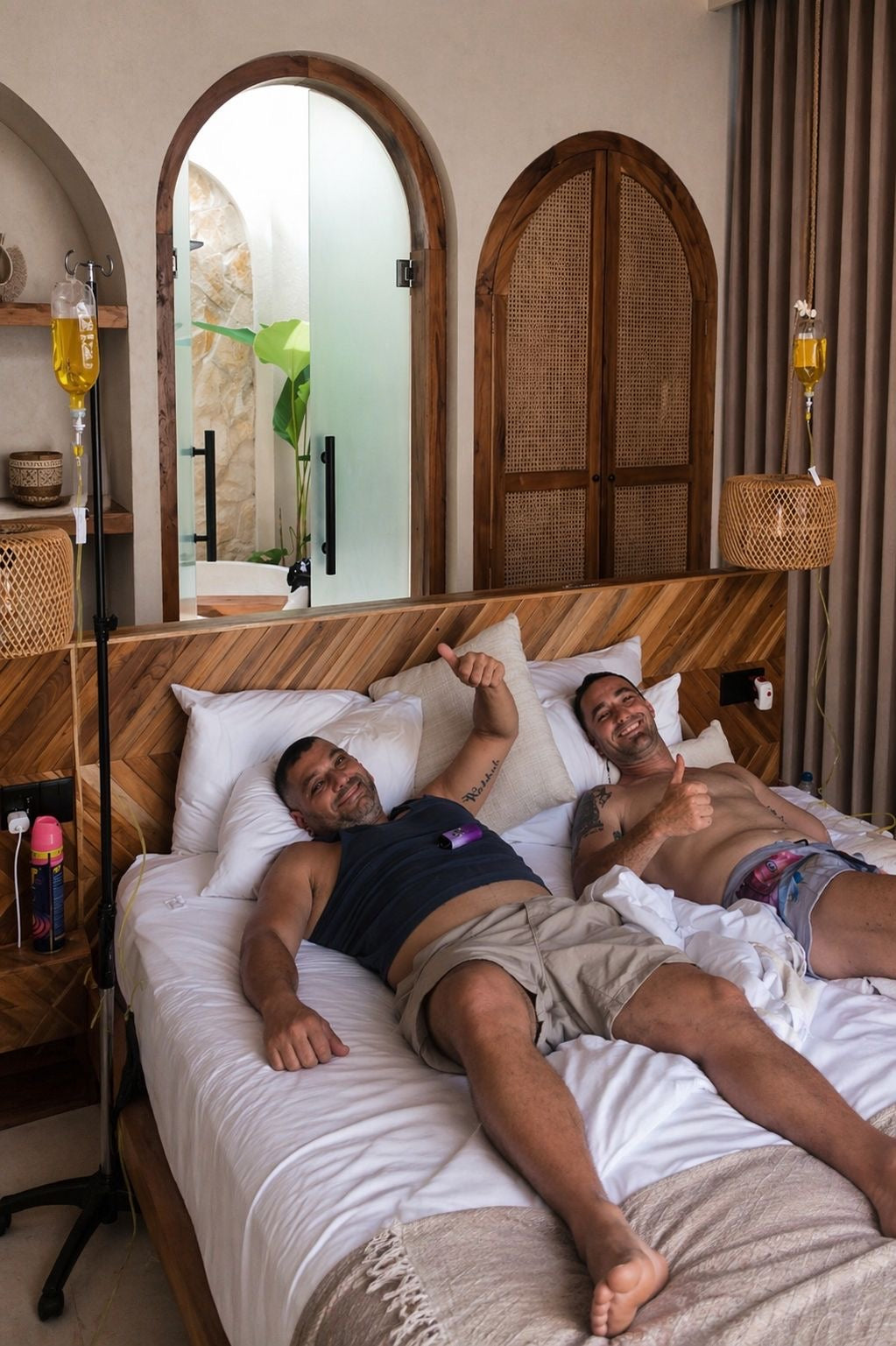 Two friends recovering from Bali Belly with group IV drip at luxury villa